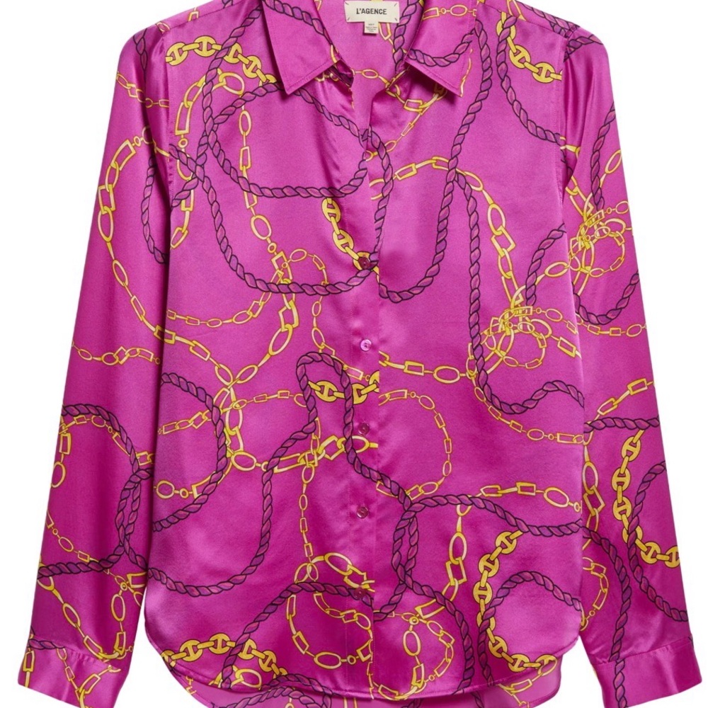 L'AGENCE XS/TALL 100% Silk Vibrant Magenta Blouse with Yellow Chain Design